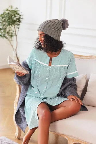 Vista 4 de Ekouaer - Bata de casa para mujer, con bolsillos, abotonado, salto de cama de manga corta, vestido de patio, camisón, tallas S-XXXL