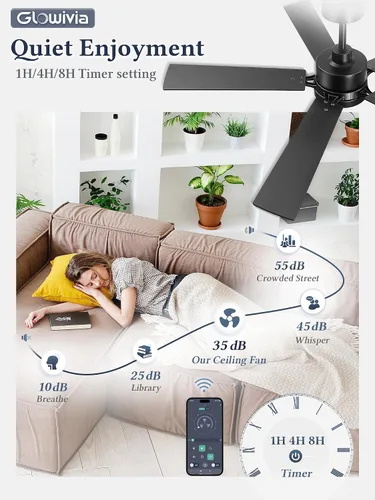 Vista 3 de 52 Inch Ceiling Fan with Lights,APP&Remote Control,DC Motor Black