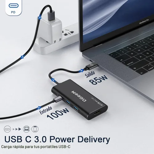 Vista 4 de USB C Hub, Adaptador QGeeM de USB 4k a HDMI, Dongle USB-C 7 en 1 con 100W PD, USB 3.0, Lector de Tarjetas, Compatible con MacBook, iPhone 15/17
