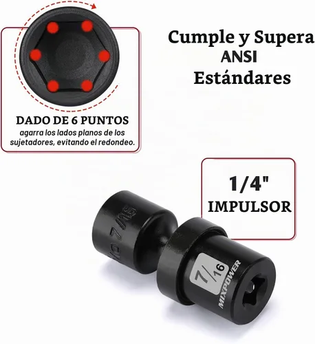 Vista 5 de MIXPOWER Juego de 6 piezas de enchufe de impacto universal poco profundo de 1/4" Drive SAE, 1/4" - 9/16", enchufe giratorio con oscilación flexible