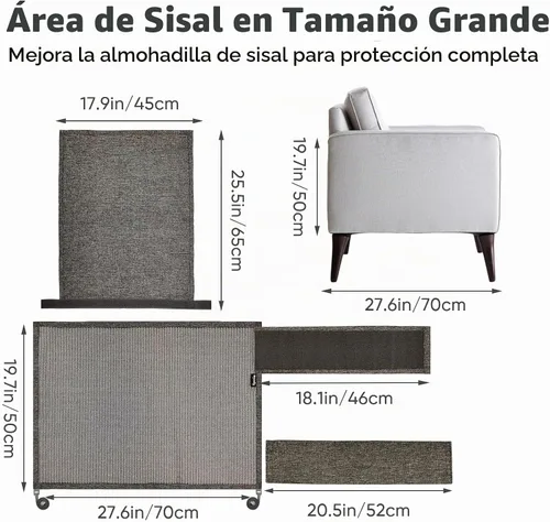 Vista 3 de NATUYA Protector de sofá de muebles para arañazos para gatos, almohadilla rascador grande de sisal para gatos, protector de brazo de esquina Gris
