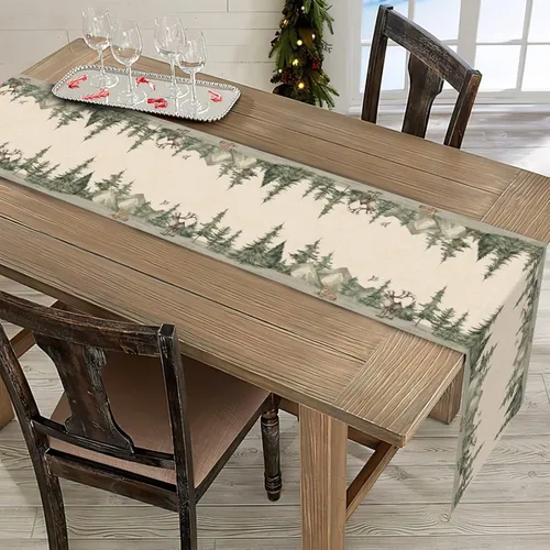 Vista 5 de Seliem Camino de mesa de bosque invernal con renos y pinos, decoración de Navidad con alces acuarela gorrión para la cocina del hogar, decoración