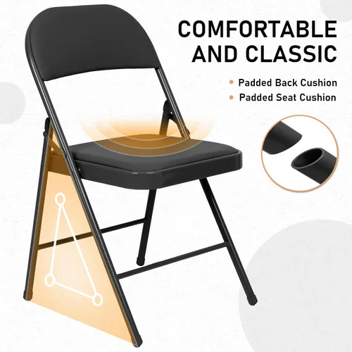 Vista 3 de Juego de 4 Sillas Plegables Tapizadas en Negro - Cómodas Sillas Apilables Portátiles para Interior y Exterior, Eventos, Fiestas, Oficina, Boda Negro