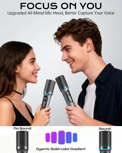 Vista 8 de Micrófono inalámbrico, micrófono dinámico de mano profesional con receptor recargable, ajuste de volumen de 5 niveles, iluminación RGB dinámica