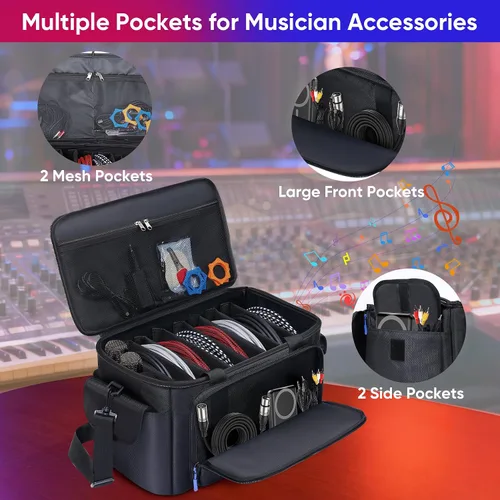 Vista 3 de Bolsa grande para archivos de cable de DJ con 8 divisores desmontables, bolsa de DJ acolchada con múltiples compartimentos y bolsillos para equipos