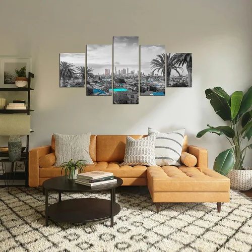 Vista 2 de Cawpom Arte de pared de Los Ángeles en blanco y negro, cuadro decorativo para pared, diseño de horizonte de Los Ángeles, póster de palmera, marco