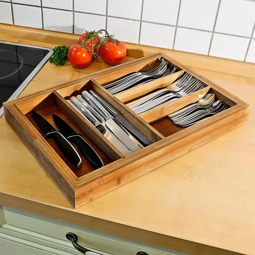 Vista 5 de Relaxdays Organizador de cajones de cocina de bambú extensible y ajustable para cubiertos, 30 a 18.9 in, 5 a 7 compartimentos, color marrón