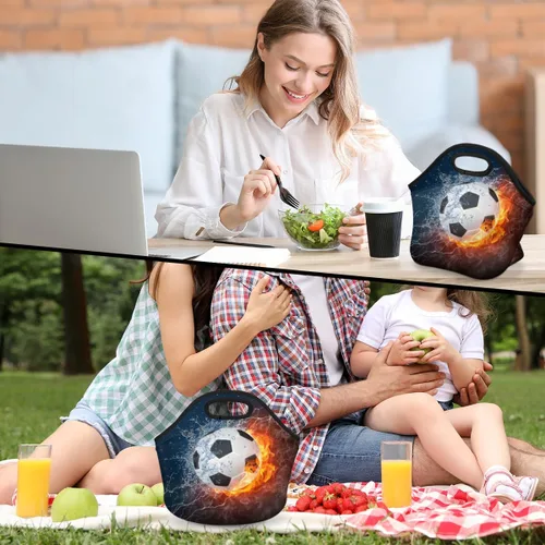 Vista 7 de Bolsas de almuerzo de neopreno con balón de fútbol en fuego de hielo para mujeres, bolsas de almuerzo, lavables, aisladas, para el trabajo, picnic