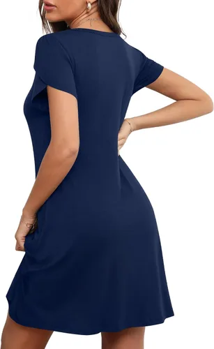Vista 3 de HOTGIFT Vestido de manga corta para mujer, casual, cuello redondo, holgado, cómodo, con bolsillos