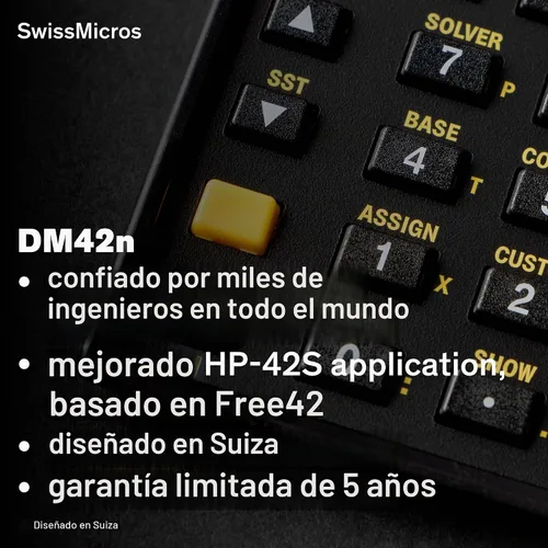 Vista 4 de SwissMicros Calculadora RPN DM42n: software HP 42S, carcasa de acero inoxidable 316L, precisión de 34 dígitos y solucionador de matriz