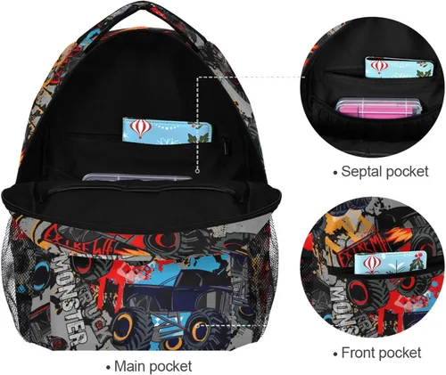 Vista 7 de Krafig Monster Truck Car - Mochila escolar para niños, niñas, mochila escolar para escuela primaria, mochila de viaje, Monster Truck, Mochilas