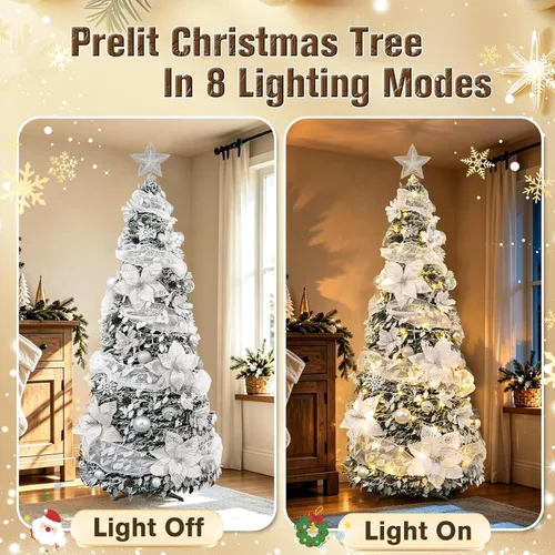 Vista 3 de Decoración de árbol de Navidad preiluminada de 6 pies con adornos Árbol artificial plegable con 150 luces LED cálidas, predecorado, fácil de montar
