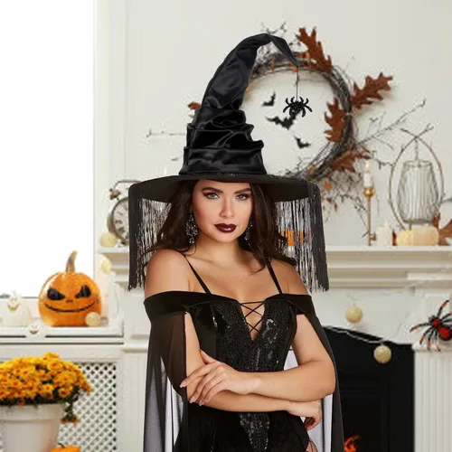 Vista 2 de JUSTOTRY Witch Hat for Women - Halloween Women Costume Black Franja negra
