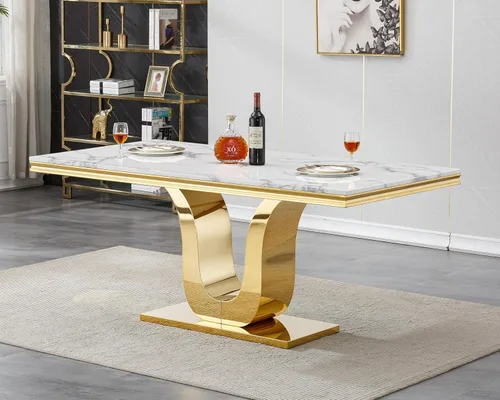 Vista 11 de Mesa de comedor de mármol negro para 4, 6, 70 pulgadas, moderna mesa de comedor de cocina dorada con base de acero inoxidable con diseño