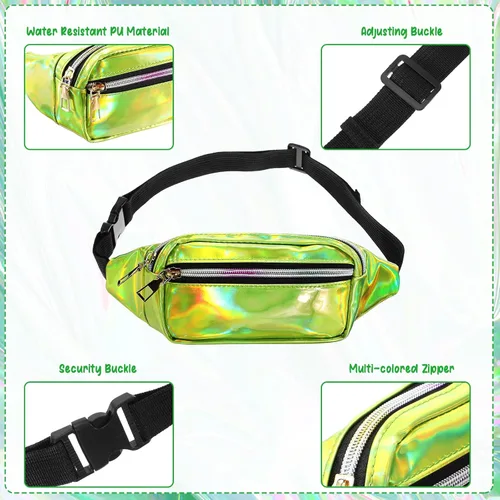 Vista 3 de Riñonera holográfica brillante de 2 piezas, riñonera de neón impermeable para mujeres, festivales, fiestas, viajes, senderismo, actividades al aire