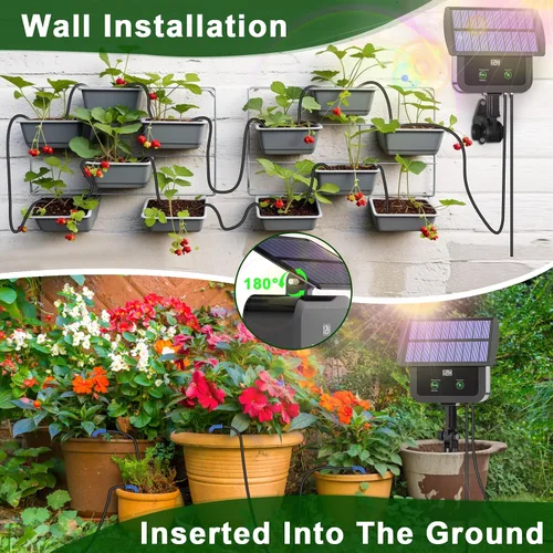 Vista 7 de Kit de sistema de riego por goteo solar con pantalla LCD, 30 modos de trabajo y 10 intervalos de riego, kit de riego por goteo alimentado por