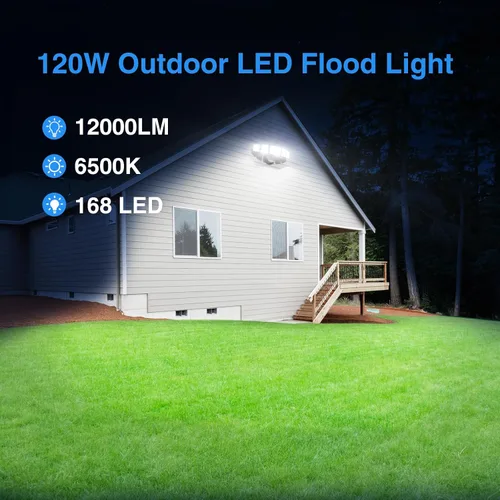 Vista 4 de Luz de inundación LED para exteriores de 120 W, luces de seguridad exteriores de 5 cabezales, 6500 K súper brillante, resistente al agua, IP65