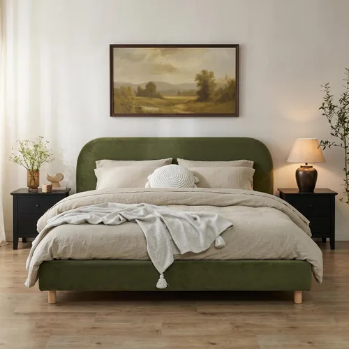 Vista 11 de Merax Cama de plataforma tapizada de tela Boucle tamaño Queen con cabecera curvada, marco de cama de madera moderno con patas cilíndricas para Crema
