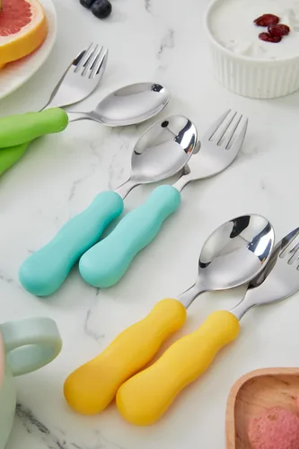 Vista 8 de ANNOVA Juego de cubiertos para niños, 6 piezas, cubiertos de acero inoxidable, 3 tenedores seguros, 3 cucharadas, utensilios seguros para niños sin