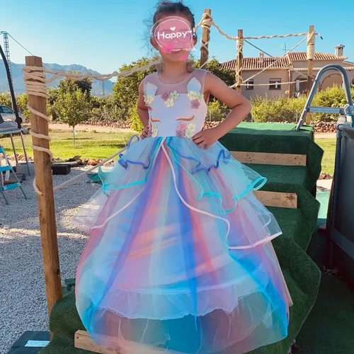 Vista 2 de TTYAOVO Vestido largo de tul de princesa para niña disfraz de unicornio con flores