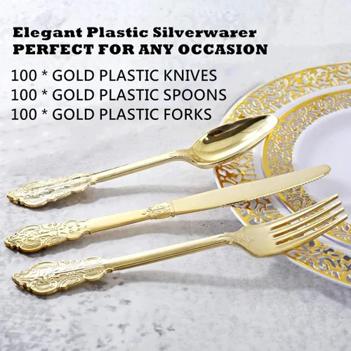 Vista 2 de Juego de cubiertos de plástico dorado de 300 piezas, 100 tenedores, 100 cucharas, 100 cuchillos, cubiertos de plástico dorado resistente desechables