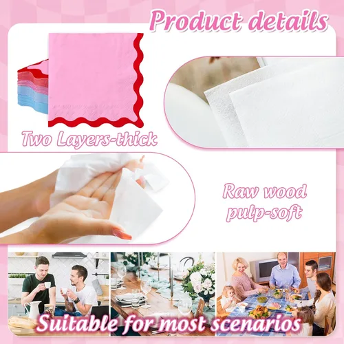 Vista 3 de Whaline 100 servilletas de papel festoneado azul, verde, rosa, amarillo, servilletas de almuerzo, desechables, decorativas, para postres, cenas