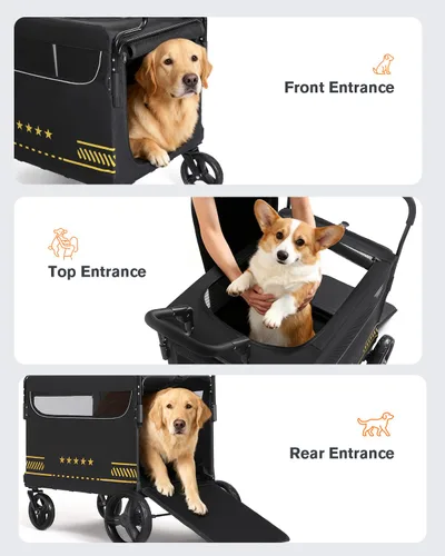 Vista 6 de Cochecito para mascotas todo terreno para perros medianos y grandes con rampa, cochecito plegable para perros con frenos, 3 entradas, asas