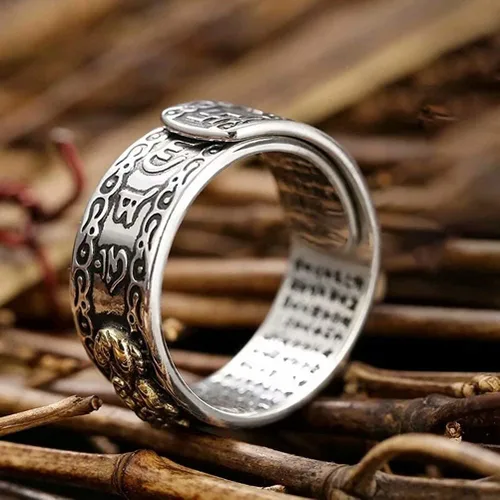 Vista 3 de JAJAFOOK Anillo de plata 990 PIXIU MANI Amuleto de la suerte, riqueza budista, mantra budista, riqueza, dinero, Feng Shui, ajustable