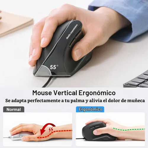 Vista 2 de SANWA Ratón ergonómico con cable, mouse vertical USB para computadora, ángulo natural de 55°, alivio de tensión de muñeca, 1000/1600 DPI, 5 botones