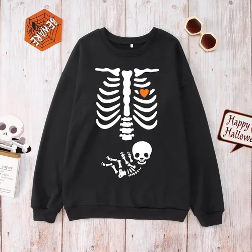 Vista 5 de Sudadera de esqueleto de rayos X para mujer, sudadera de maternidad de Halloween, cuello redondo, sin botones, para anuncio de embarazo