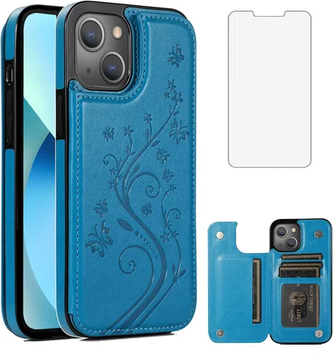 Vista 9 de Funda de teléfono para iPhone 13 de 6.1 pulgadas con protector de pantalla de vidrio templado y tarjetero con soporte para tarjetero, soporte