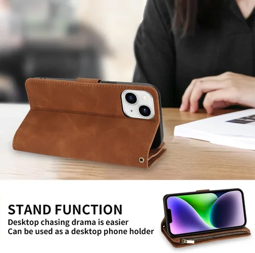 Vista 5 de ZZXX Funda tipo cartera para iPhone 14 Plus con [Bloqueo RFID] Ranura para tarjetas Cuero PU suave premium con cremallera tipo folio plegable