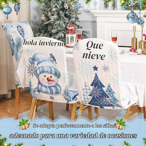 Vista 4 de Preboun 6 fundas elásticas navideñas para sillas de comedor, clásicas, color blanco Removable Washable Stretch, Christmas Winter Holiday Decor