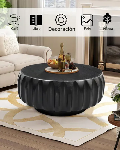 Vista 6 de Mesa de centro de tambor de 31.5 pulgadas, moderna mesa de té acanalada única, mesa de centro redonda de madera contemporánea con mesa central Negro