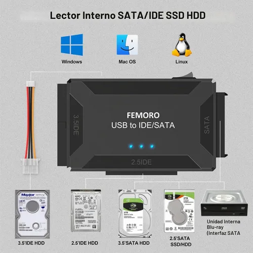 Vista 9 de FEMORO Lector de disco duro IDE SATA a USB 3.0 + adaptador USB C, kit de convertidor de recuperación de datos 3 en 1 con fuente de alimentación