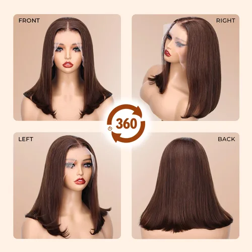 Vista 2 de Peluca de cabello humano lacio marrón con reflejos de 13 x 4, peluca frontal de encaje transparente #4, peluca corta Bob para mujeres negras