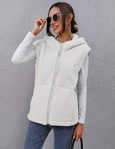 Vista 4 de TFSDOD Chaleco de forro polar sherpa mullido para mujer, acogedor, sin mangas, con bolsillo, chaleco con capucha para mujer, ropa exterior