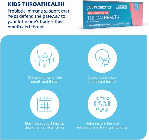 Vista 2 de BLIS Kids ThroatHealth Probiótico oral K12 - Soporte inmunológico y de garganta, fresa - 30 pastillas