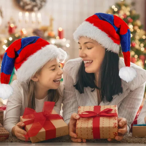 Vista 4 de LOMIMOS Sombrero de Papá Noel de Navidad, sombrero de felpa de terciopelo azul y rojo para adultos, decoración del hogar, suministros de fiesta