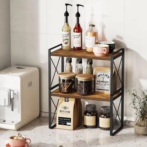 Vista 8 de Giikin Organizador de encimera de cocina, juego de 2 estantes de encimera de cocina, estante elevador para estante de especias para armario y Marrón