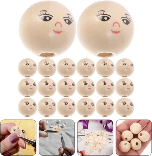 Vista 5 de MAGICLULU 50 cuentas de madera con cara sonriente, bolas de cara natural, cuentas de madera para hacer joyas, pulseras, collares, como se muestra