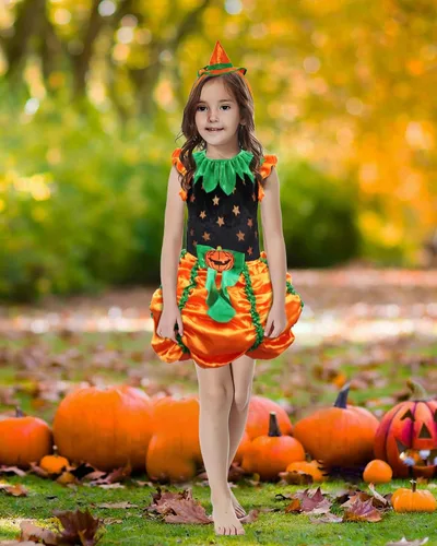 Vista 5 de Usview Disfraz de bruja de calabaza de Halloween para niña, vestido naranja verde y negro con mini sombrero, lindo juego de falda de calabaza