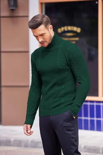 Vista 3 de COOFANDY Suéter de cuello alto ajustado para hombre, suéter de punto trenzado casual