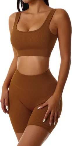 Vista 2 de ABOCIW Conjuntos de entrenamiento para mujer, 2 piezas, sin costuras, acanalados, cintura alta, con camiseta sin mangas, brasier deportivo, trajes