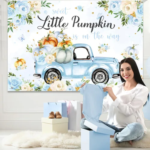 Vista 2 de Fondo de decoración de baby shower con diseño de calabaza pequeña para niño, A Sweet Little Pumpkin is On The Way Fall Blue Floral Truck Fotografía