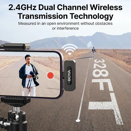 Vista 3 de BOYA by-V1 Micrófonos inalámbricos para iPhone iPad con puerto Lightning certificado MFi, rango de 328 pies, vida de batería de 9H, reducción