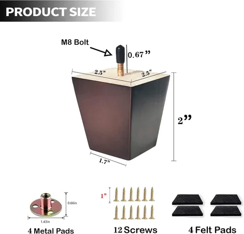 Vista 2 de Juego de 4 patas de sofá cuadradas para cama, patas de repuesto de madera de 2 pulgadas para muebles, color marrón oscuro