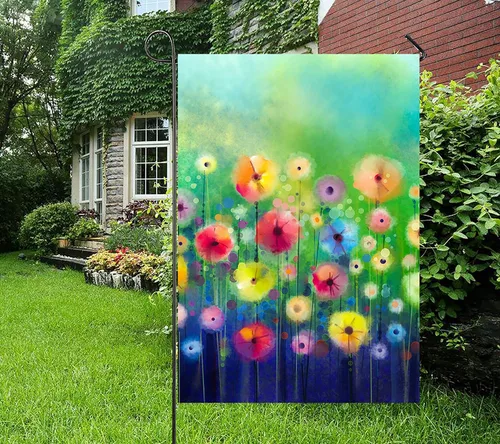 Vista 3 de Acuarela abstracta primavera verano temporada flores verdes pintura arte jardín patio bandera 12 x 18 pulgadas poliéster bandera bienvenida casa