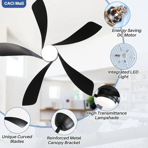 Vista 8 de CACI Mall Ventilador de techo inteligente de 52 pulgadas con luces, control remoto, compatible con Alexa/Google/App, 5 cuchillas, iluminación