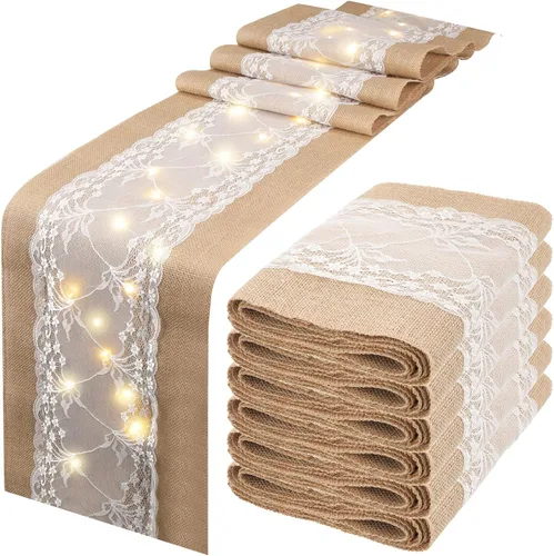 Vista 9 de Xinnun 6 piezas de camino de mesa de arpillera con luces de 12 x 108 pulgadas, camino de mesa de encaje de arpillera, decoración rústica de boda